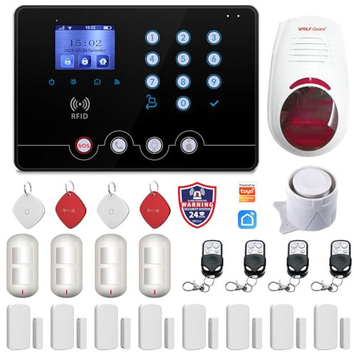 Wolf Guard W4Q-W03 WiFi + 4G Wireless Home Einbrecher Alarmanlage Kit Tuya Smartlife APP, mit Sirene Fenster Türsensor Bewegungsmelder RFID, Deutsch (Schwarz)