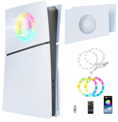 P5 Slim Faceplates Lot de 2 coques de protection supérieures 8 lumières RVB Anti-poussière ABS Dissipateur de chaleur pour PS5 Slim 2023 Consoles Faceplates (blanc supérieur)