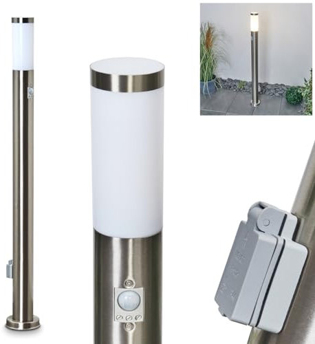 Außenwegeleuchte Sessa mit Bewegungsmelder, moderne Sockelleuchte aus Metall/Kunststoff in Nickel-Matt /Weiß, Steckdose, Wegeleuchte 110 cm, Gartenlampe, E27, Gartenbeleuchtung IP44, ohne Leuchtmittel