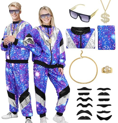 Antsparty 80s Shell Suit Costume for Men Women, 1980s Fancy Dress Set with Accessories, Unisex Adult, Purple, 80s Tracksuit Retro Disco Outfit for 90s Party