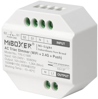 LGIDTECH TRI-C1WR Miboxer AC Triac Dimmer(WiFi+2.4G+Push), Smart Controller für traditionelle Glühlampen, Halogen und dimmbare LED-Leuchten