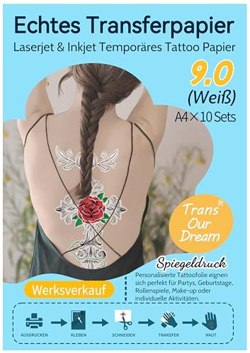 TransOurDream A4X10 Sets Inkjet/Laser Tattoo Papier (Weiss),DIY Tattoo Folie Zum Bedrucken (gut für Kerzen)Temporäres Transfer,Decal für Tintenstrahldrucker/Laserdrucker,Tattoo Tranferfolie (D-11-9.0)