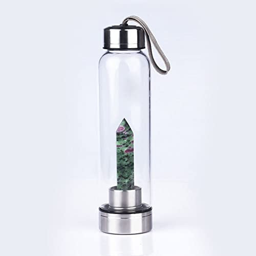 hxoity Natural Crystal Water Bottle With Ruby-zoisite Gemstone Reusable Gem Water Bottle Wand Healing Elixir Point Crystal Obelisk Natural Quartz Crystal Infused Water Bottle 550Ml