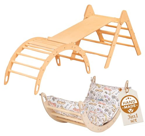 WoodsCraft 3in1 Set: Kletterdreieck mit Rutsche Indoor/Klettern Rampe & Kletterbogen mit Kissen | Holz Montessori Klettergerüst Indoor Spielgeräte & Spielplatz | Klettern Kinder Indoor & Klettern Baby