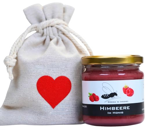 Gregas Imkerei Honig - Muttertag & Vatertags Geschenkidee - Leinensäckchen mit Herz und Honig deiner Wahl - Das perfekte Geschenk - ideal als Mitbringsel zu Muttertag, Vatertag (Himbeere im Honig)