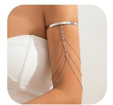 Rotaiboes Simple Crystal Bead Tassel Upper Arm Chain Bracelet Multi-layered Bikini Armlet Rhinestone Adjustable Open Arm Cuff Bangle Bracelets Summer Beach Body Jewelry for Women (Silver)