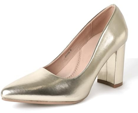 J. Adams Jolie Heels für Damen – geschlossene spitze Zehenpartie, mittelhoher Blockabsatz, klassische Pumps, Goldmetallisches veganes Leder, 37.5 EU