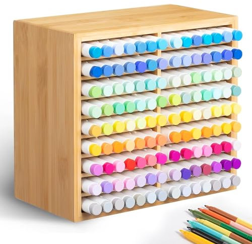 ALLILUYAA Marker Organizer, Bambus Organizer Schreibtisch mit Gibt 18 Fächer, die 126 Marker Aufnehmen, Holz Desktop Aufbewahrung für Klassenzimmer Büro Dekoration