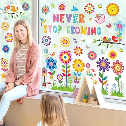 wondever Fenstersticker Kinder Bunte Blumen Fenster Aufkleber Blumen Schmetterlinge Vögel Fensterbilder Fensteraufkleber Anti-Kollision Doppelseitig Glasaufkleber Sommer Glas Deko