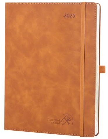 POPRUN Kalender 2025 Buchkalender Softcover mit PU-Leder, ca. A4 (26,5 x 21,5 cm) - Terminplaner, Wochenplaner Notizbuch (Jan.2025-Dez.2025) mit 100 GSM Papier - Braun