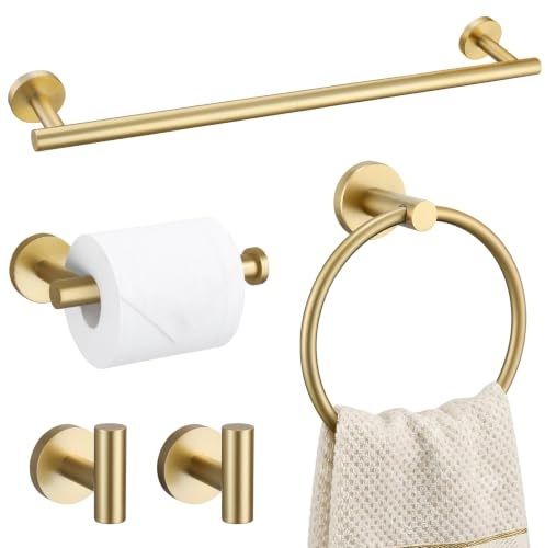 TURS Brushed Gold 5 Piece Bathroom Hardware Set, SUS304 Stainless Steel 24 Inch Bath Towel Bar Set, Round Bathroom Accessories Kit Wall Mounted