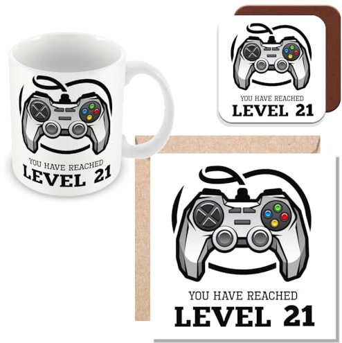MUGGZ 21st Birthday Gift - Mug, Card & Coaster - Gamer Level 21 - Giftset - Made in The UK