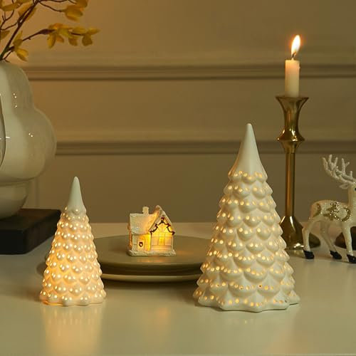 Albero di Natale in ceramica illuminato, confezione da 2 pezzi, albero di Natale illuminato con ritagli a pois, bianco opaco, piccolo centrotavola per albero di Natale, statuette per decorazione da