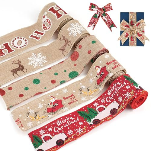 Geschenkbänder 5 Rollen, Weihnachten Dekoband, Breit Verdrahtet Band Jute Sackleinen, Weihnachtsschleifen Band, Vintage Weihnachtsbänder für Xmas Deko Geschenkverpackung