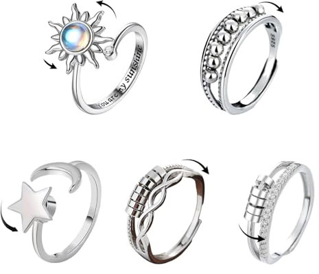 GUTERTOP 5 Stück Angst Ring Damen, Verstellbare Stress Ringe zum Drehen, Fidget Ring Damen Stapelbare für Stress Abbauen
