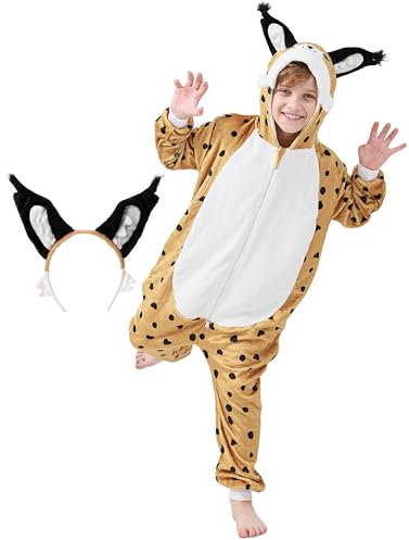 corimori Flauschiges Luchs-Kostüm für Kinder mit Haarreif | Karneval Fasching Kostüm Onesie für Mädchen, Jungen | Körpergröße 130-150cm