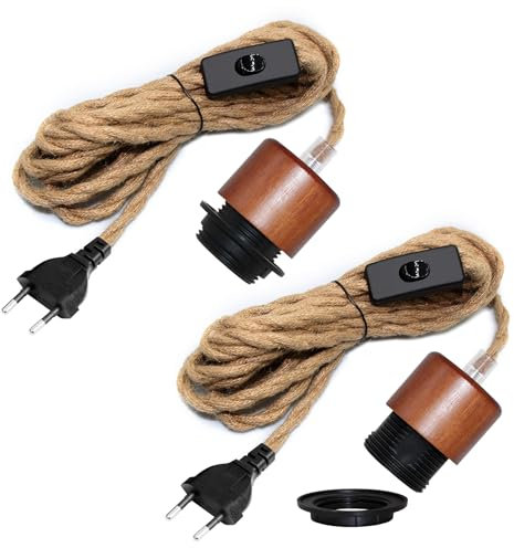 2 Pezzi Lampada a Sospensione con Interruttore 5M Cavo Industriale Lampadario Corda Canapa Lampada con Spina Retro Cucina Portalampade E27 Presa Paralume Fai Da Te Kit per Soggiorno