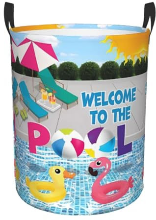 Panier de rangement circulaire moyen – Imprimé flamant rose et piscine – Organiseur à linge avec poignées, parfait pour salle de bain, chambre à coucher et dortoir