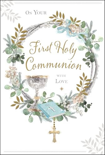 Jonny Javelin First Holy Communion Congratulations Card for Men or Boys - Communion Congratulations Card with Artistic Chalice, Bible and Wreath Design and Embossed Foil Details