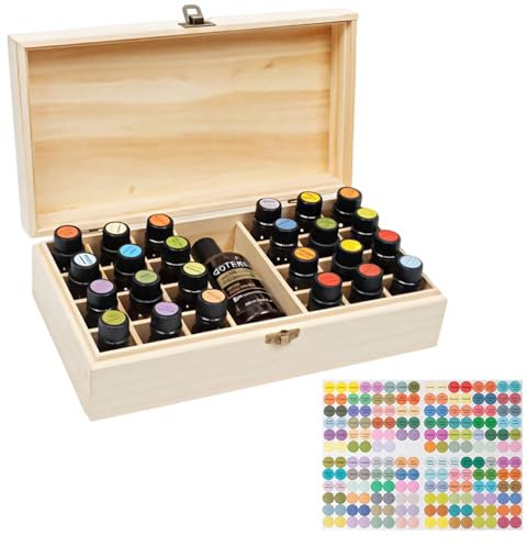 Ksvaye Ätherische öle Aufbewahrung holz 25 Löcher Tragbar Ätherische Öle Holzbox Ätherische Öle Display Organizer mit Aufkleber für Ätherische Öle und Duftöle