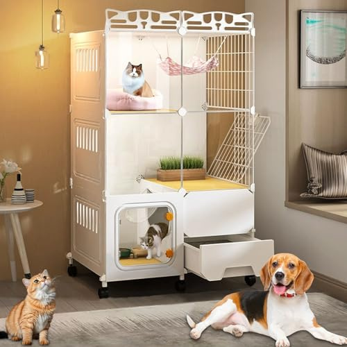 LKPMGOA Katzenkäfig für Den Innenbereich, Kleintierkäfig, mit Rollen + Katzentoilette, Leicht zu Bewegen, Kostenloser Selbstbau(72 * 47 * 112cm)