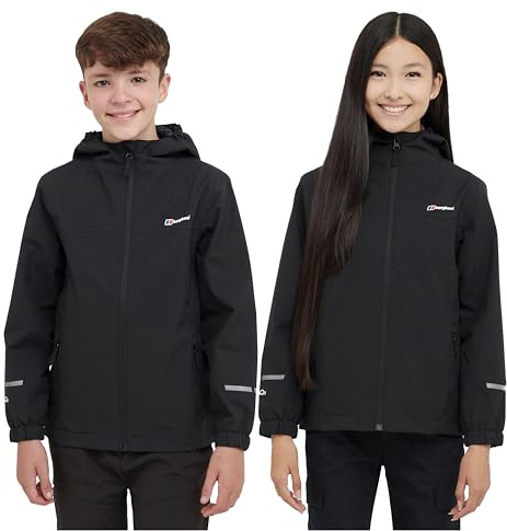 Berghaus Kids' Linton Waterproof Jacket with Hood and 2 Zipped Pockets, Lightweight, Windproof & Breathable Raincoat for Boys & Girls (UK, Age, 11 Years, 12 Years, Regular, Black)