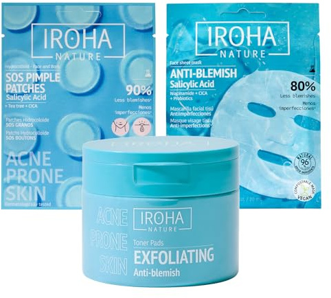 IROHA NATURE - Anti-Akne-Packung mit Salicylsäure | für zu Akne neigende Haut, praktische Routine