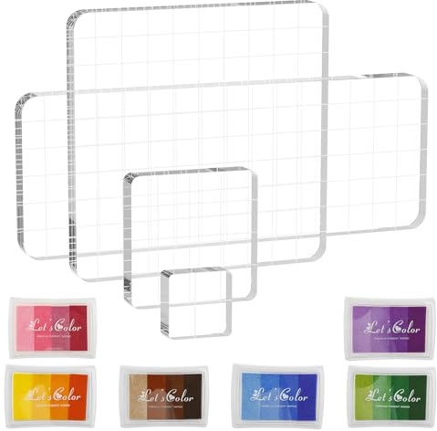 10-teiliges Stempelkissen-Set 4x Acryl-Stempelblock + 6-farbiges Regenbogen-Stempelkissen für Scrapbooking, Karten, Fingerabdruck-Gestaltung