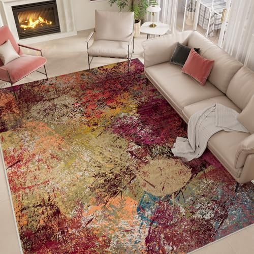 Arbosofe Modern Abstract Rug for Living Room, 5'x7' Washable Area Rug with Non-Slip Backing & Short Pile, Large Carpet with Abstract Pattern for Living Room Bedroom and Dining Floor Carpet Red Orange
