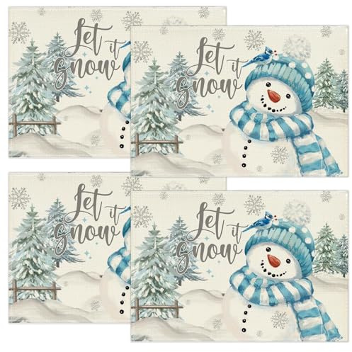 Weihnachtstischsets mit Schneemann-Motiv 4 Stück Weihnachtstischset 30 x 45 cm Tischset Weihnachten Abwaschbar Winter für Küche, Esszimmer, Party Deko, Urlaub