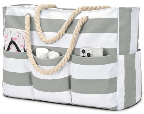 oscaurt Strandtasche Wasserdicht Badetasche XXL Shopper Tasche Damen Vielseitige Umhängetasche mit Reißverschluss Beach Tote Bag Faltbare Reisetasche mit Mehreren Fächern