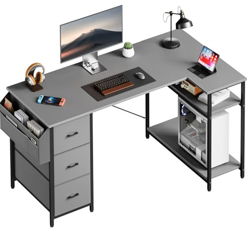 DLONGONE Computer Desk with Drawers, 140 x 78 cm L Shaped Office Desk with Storage Bag, Study Corner Table with Large Storage Shelves, PC Desks for Home Office Play Workstation, Grey