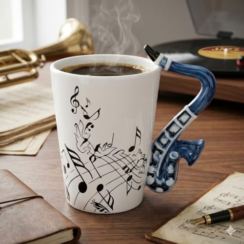 Musical Treble Clef Ceramic Coffee Mug – 200ml Handcrafted Music Note Porcelain Cup with G-Clef Handle – Unique Gift for Music Teachers, Piano Players, Singers, and Composers (Saxophone)