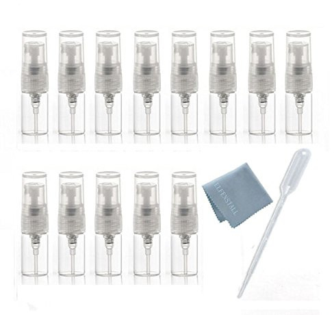 Elfenstall- 20pcs Mini Clear 2ml 5/8 Dram Fine Mist Atomizer Vial Glass bottle Spray Refillable Perfume Empty Sample Bottle With Clean Cloth Free Pipette for Travel Party
