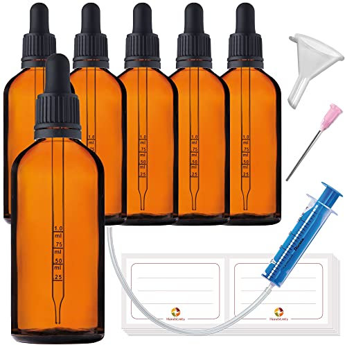HandsUnity 100ml-6pcs de Flacon de Pipette Petit Flacon en Verre - Verre d'apothicaire en Verre Ambré avec Capuchon de Pipette Noir Comprenant 17pcs d'accessoires Bouteilles en Verre Brun
