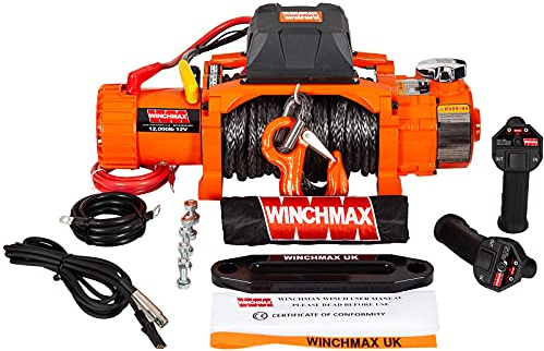 WINCHMAX 12,000lb / 5,443kg Original Orange 12v Electric Winch. Two Speed. 26m x 11mm Dyneema SK75 Multi-strand Synthetic Rope. Competition Hook. Twin Wireless Remote Control