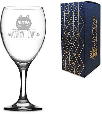Novelty Engraved/Printed Wine Glass - Mad Cat Lady - Engraved with Message