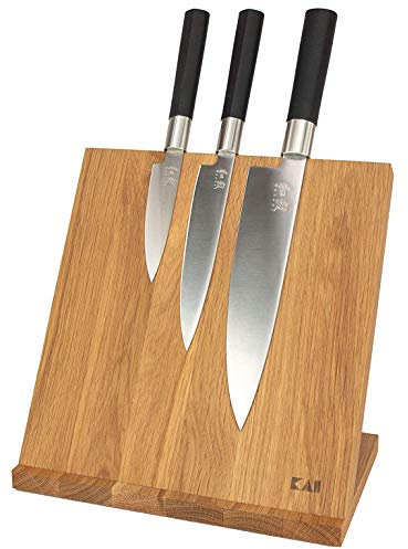 KAI Wasabi Black – 3 ultrascharfe japanische Messer + Messerblock DM-0821 (Schwarz, 4-teilig, Eiche, Edelstahl, Geschmiedet, Modern, Messerblock-Set, Messer-Set)