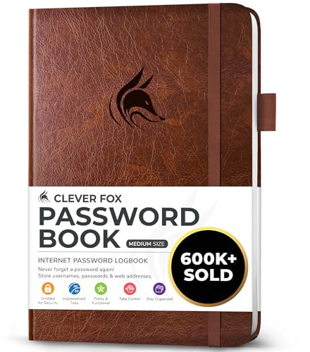 Clever Fox Password Book with alphabetical tabs. Internet Address Organizer Logbook. Medium Password Keeper for Website Logins (Brown)
