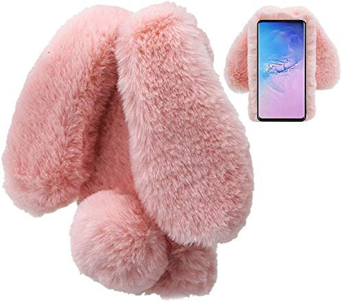 LCHDA Plüsch Hülle für Samsung Galaxy A71 Flauschige Hasen Fell Handyhülle Mädchen Süße Künstlicher Kaninchen Pelz Niedlich Hasenohren Handytasche Schützend Stoßfest Silikonhülle - Rosa