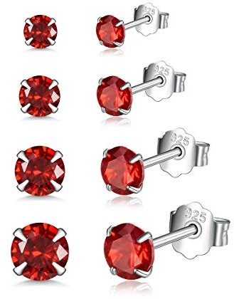 Shuxin Damen Ohrstecker Silber, 4 Paare 925 Sterling Silber Zirkonia Ohrstecker Ohrringe Set, Hypoallergen Unisex Klein Schlafen Knorpel Ohrstecker mit Rot 5A Zirkonia, Größe in 3, 4, 5, 6mm