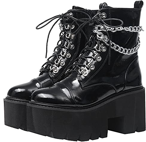 CYNLLIO Fashion Block Heel Platform Chain Combat Ankle Booties Women's Lace up Studded Motorcycle Boots Mid Calf Goth Boots