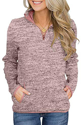 iWoo Ladies Sweatshirt V Neck Zipper Plain Cosy Tops Soft Comfy Well Made Womens Clothing Jumper Lightweight Comfortable Pink M