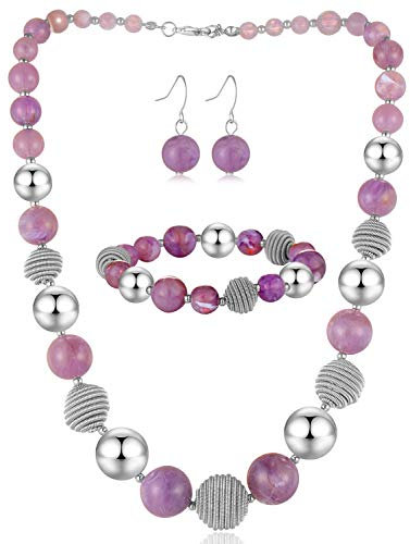 Bulinlin Perlen Damen Schmuck Set Silber Choker Halskette Ohrringe Creolen Statement Modeschmuck Weihnachtsgenchenke für Frauen(Purple)