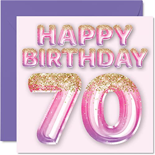Geburtstagskarte zum 70. Geburtstag für Frauen – rosa und lila Glitzerballons – Happy Karten für 70 Jahre alte Frau Mama Great Nanny Grandma Gran 145 mm Seventy Seventieth Geburtstagskarten Geschenk