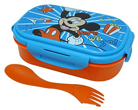 HOVUK® 1 x rechteckige Lunchbox 21,5 cm mit Besteck, Mickey Mouse Charakter gedruckt, mikrowellengeeignet, Lebensmittelbehälter für Reisen und Schulanfang, bestes Geschenk für Kinder ab 3 Jahren