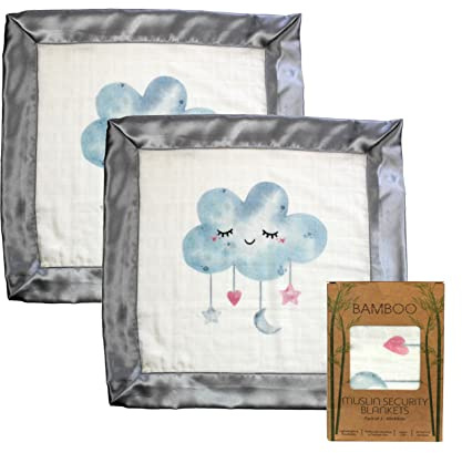 Immaculate Textiles Babydecke aus Bambus-Musselin, quadratisch, 40 x 40 cm, 70 % Bambus/30 % Baumwolle mit Satinrand, für Jungen oder Mädchen (Schlafwolke), 2 Stück