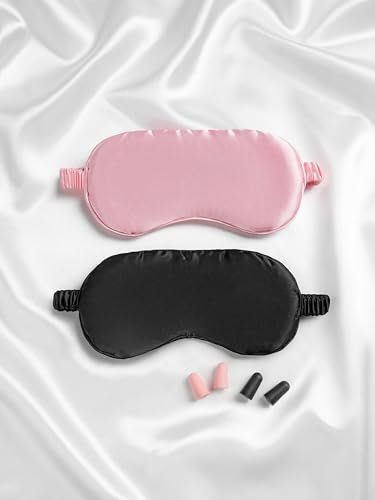 Welsberg 2er-Pack Schlafmasken mit 2 Paar Ohrstöpseln, 100% Hautfreundliche Seiden-Augenabdeckungen, Geruchsneutral, inkl. Tragbarem Reisebeutel