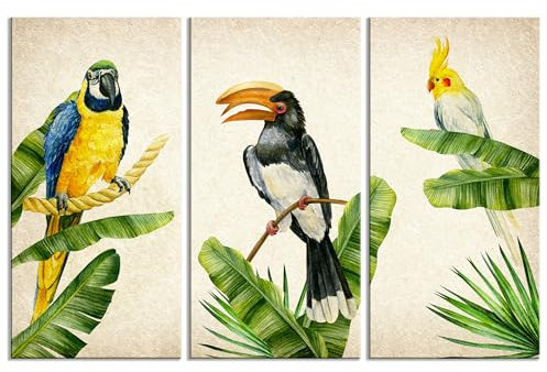 decomonkey - Impression sur Toile Oiseau 90x60 3 Pièces - Tableau Décoration Appartement Cadre en Bois Déco Salon Peinture sur Toile Oiseaux vintage plantes nature animaux perroquets triptyque