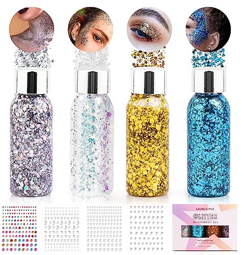 Glitzer Gesicht, 4 Bottle Festival Glitzer Gesicht Liquid Gel, Mermaid Pailletten Body Glitter Gel für Haare Nägel Face Make Up, Glitzer Schminke Glitzersteine Selbstklebend für Festival Masquerade